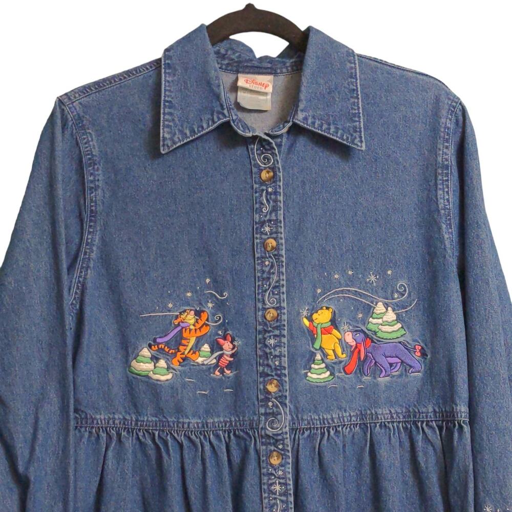 Disney Womens Shirt Dress Blue Denim Long Sleeve Embroidered Winnie The Pooh M - Picture 2 of 14